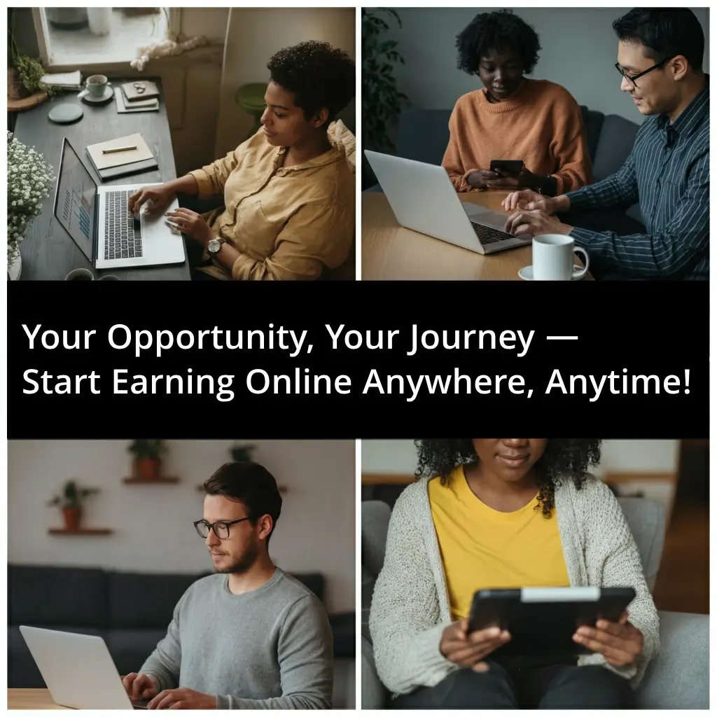 Diverse individuals working online in realistic settings, showcasing freelancing, blogging, and remote work opportunities