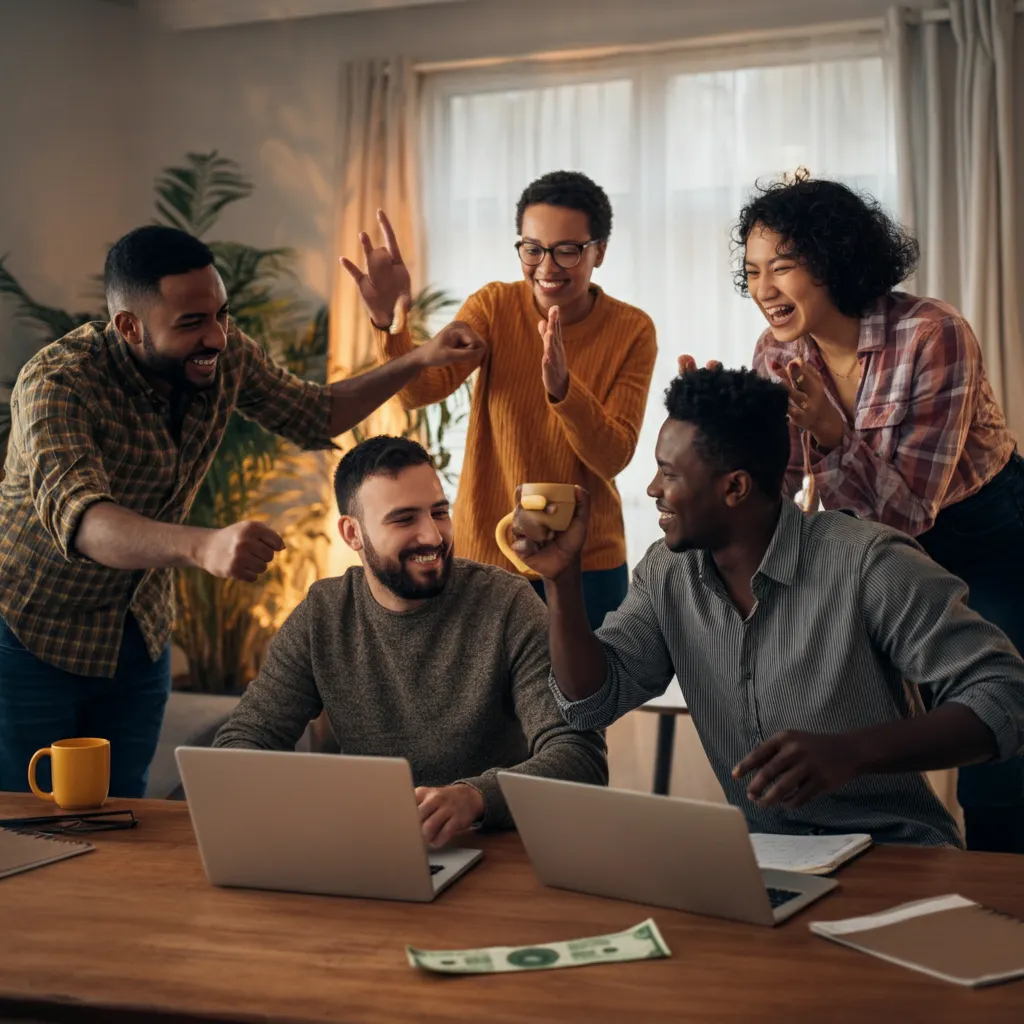 Community collaborating online to earn money from home with laptops and financial symbols