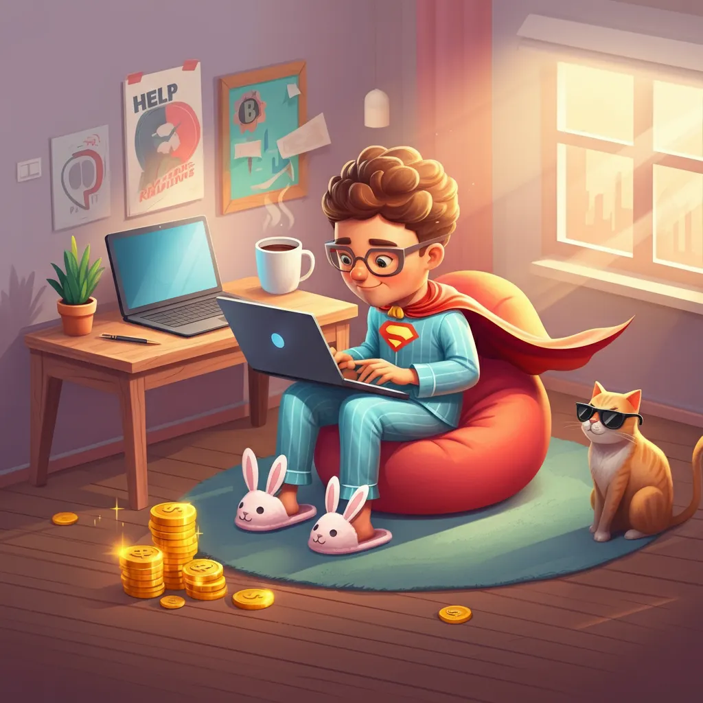 Funny home office setup with a person in pajamas and a superhero cape, working on a laptop to earn money from home