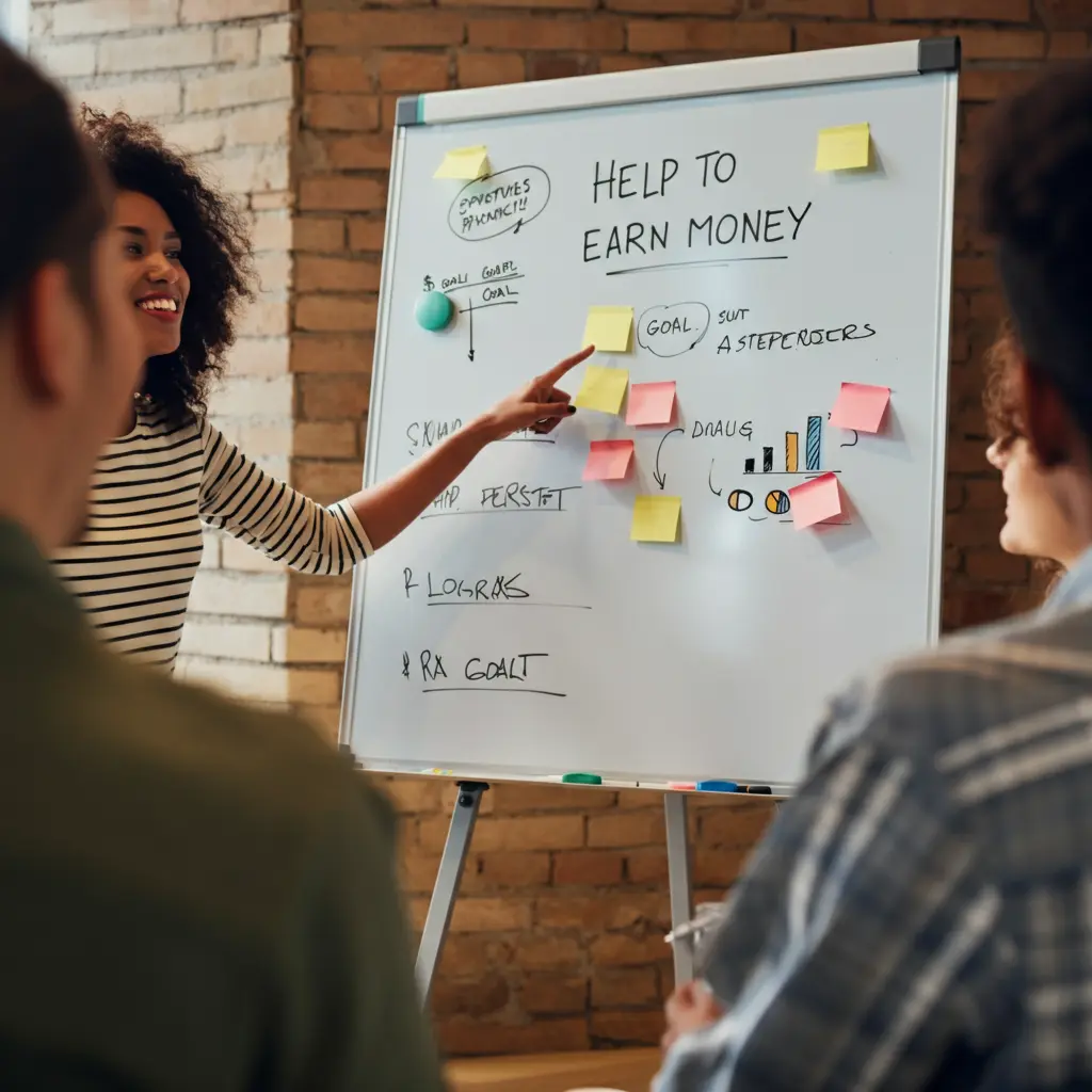 Young woman smiling in front of a whiteboard with "Help to Earn Money" written on it, pointing at goals and sharing advice with friend