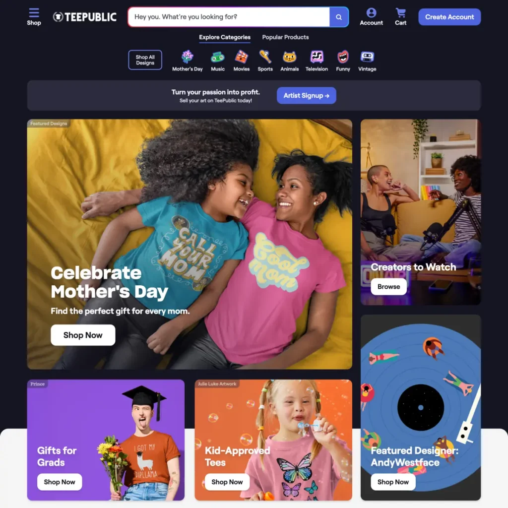 Screenshot of teepublic.com, best affiliate programs for printables