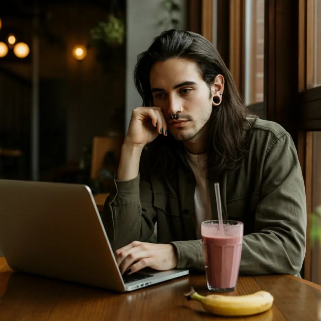 Kirill working on his article at a cafe, with a smoothie and banana by his side.