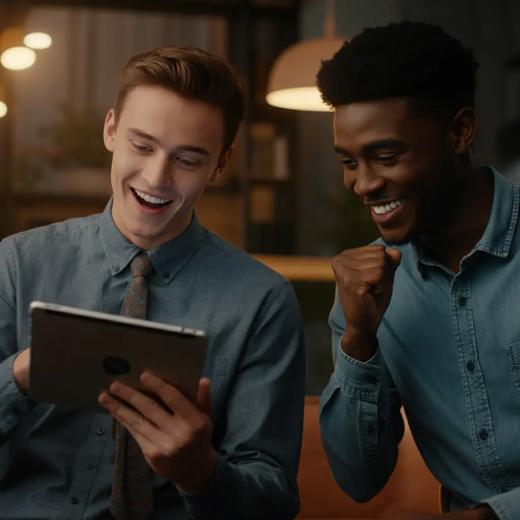 a motivated young man wearing a tie, holding a tablet, and showing money he has made to a friend. The scene exudes enthusiasm, success, and the joy of earning money from home in a modern and professional setting