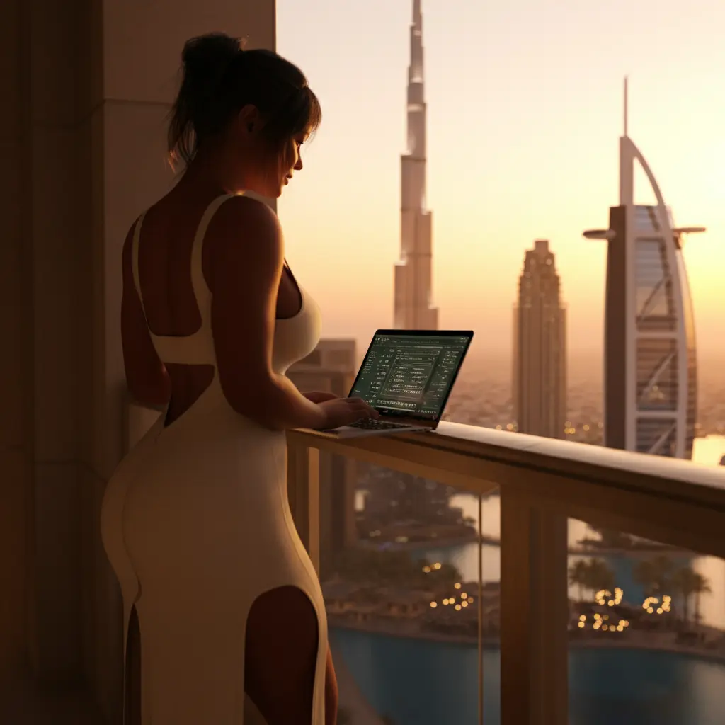 Luxurious lifestyle on a balcony in Dubai showcasing financial success and the freedom to earn money while enjoying breathtaking cityscape views.